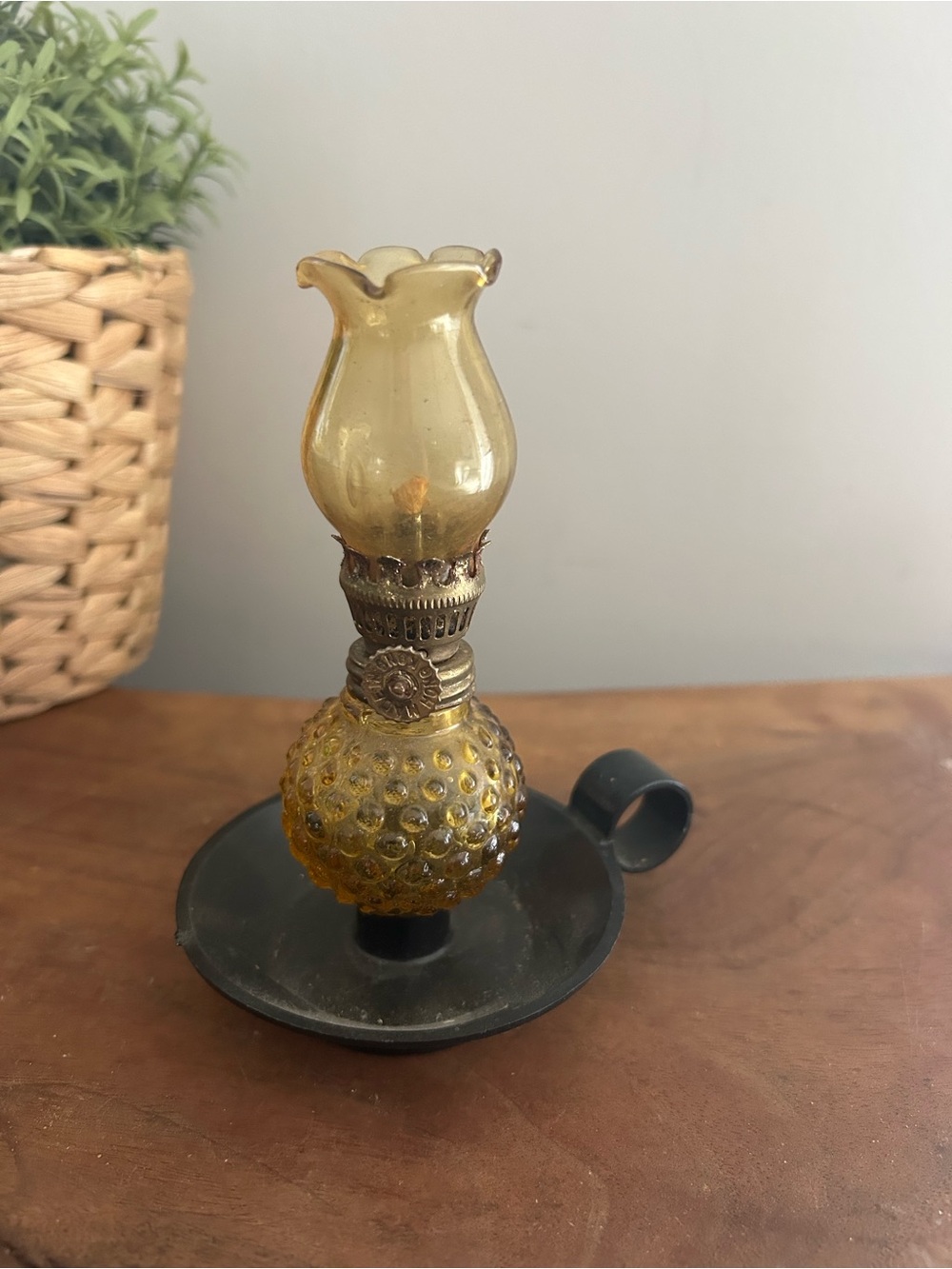 Miniature Amber Glass Hobnail Oil Lamp with finger holder & drip dish hurricane